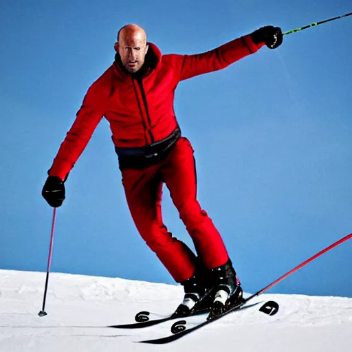 Image similar to jason statham skiing, angry, full body shot, cinematic lighting, studio quality