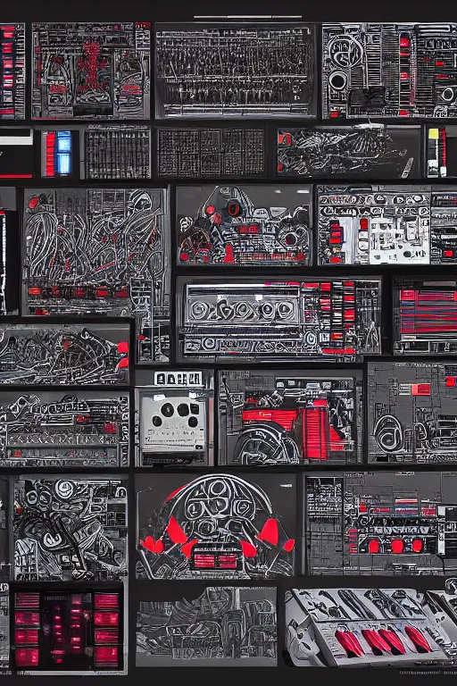 Image similar to drum machines and synththezisers, modular, in the style of akira, tron, sculpted by gaudi