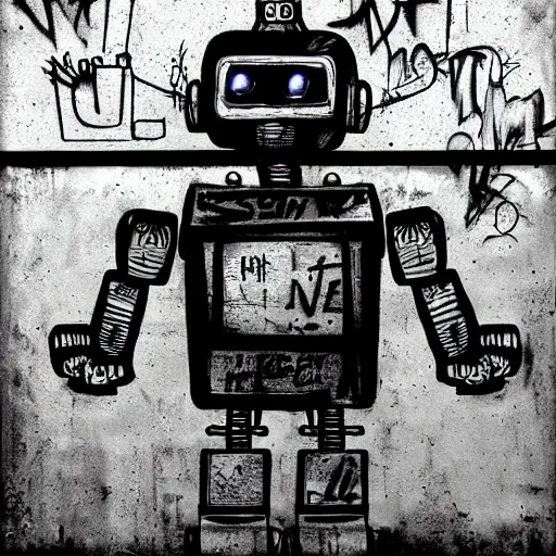Image similar to chappie robot color graffiti, black and white zef design graffiti on the wall, dark lighting, digital art
