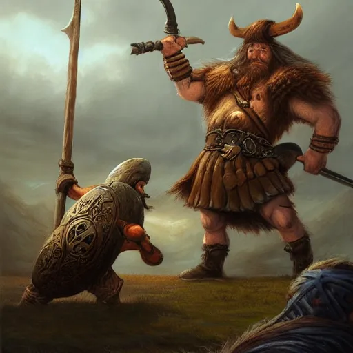 Image similar to viking fighting against a giant by justin gerard, deviantart