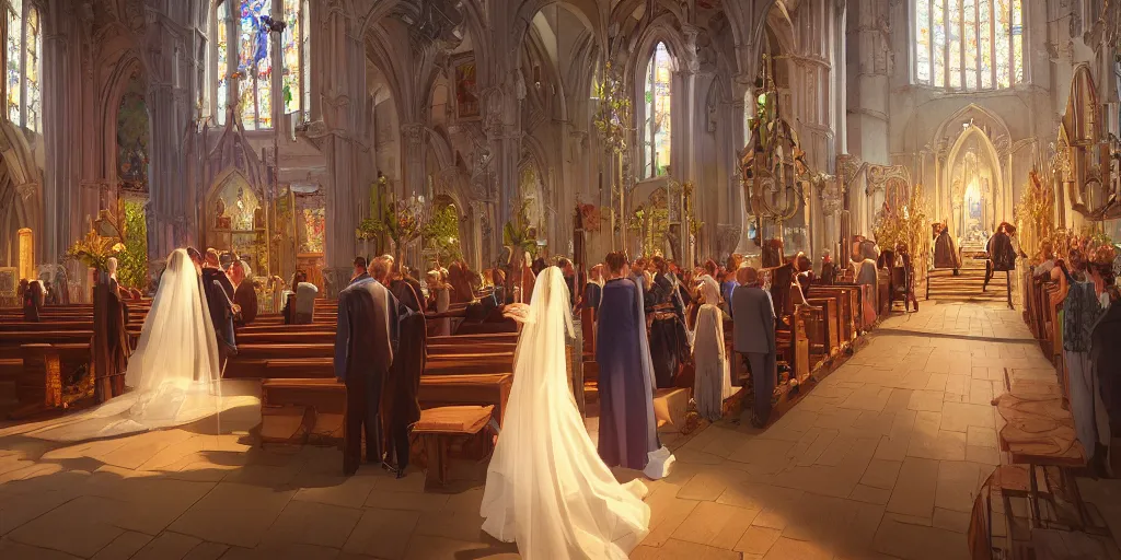 Prompt: a wedding in a church, extremely detailed oil painting, unreal 5 render, rhads, Bruce Pennington, Studio Ghibli, tim hildebrandt, digital art, octane render, beautiful composition, trending on artstation, award-winning photograph, masterpiece