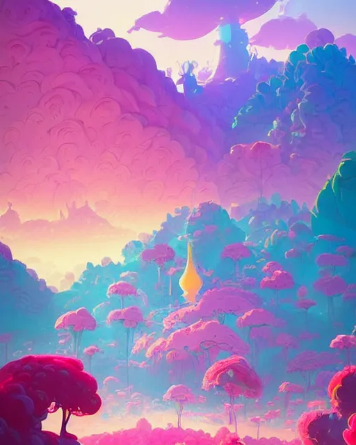 Image similar to candyland | a landscape made of candy and desserts, mountains river trees, cherry - blossoms | highly detailed | very intricate | fantasy whimsical magical | soft bright natural morning light | pixar | award - winning | matte painting by anton fadeev and paul lehr and rhads and alena aenami | pastel color palette | featured on artstation