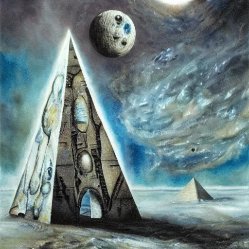 Image similar to rotten moon, airbrush, watercolor, dripping paint, dichromatism, extradimensional, hyperpyramid, klein bottle, by h. r. giger, by john constable, by laurie lipton, by tony diterlizzi, by wlop