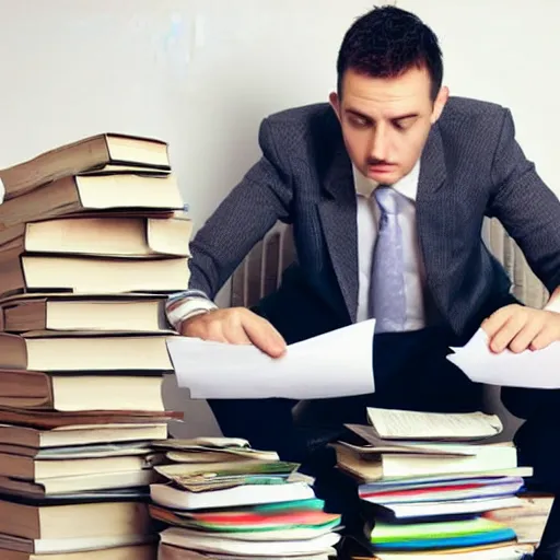 Image similar to exhausted man surrounded by stacks of papers and books, stock photo