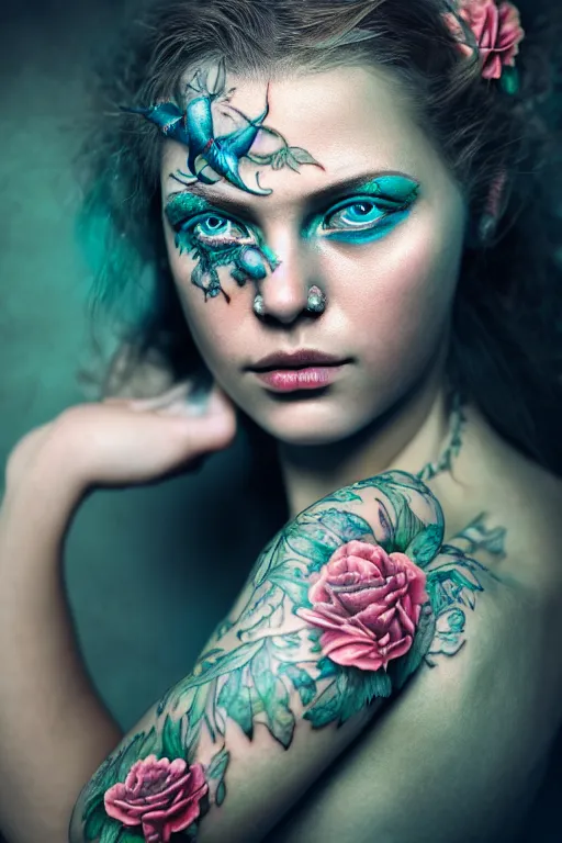 Image similar to hyperrealistic hyper detailed close-up portrait of woman covered in rococo flower tattoos matte painting concept art key sage very dramatic dark teal lighting low angle hd 8k sharp 35mm shallow depth of field