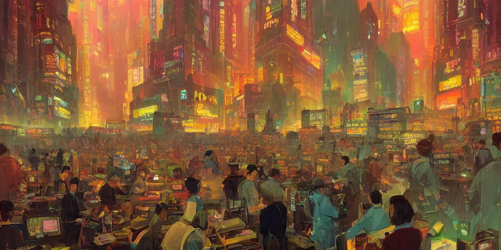 Prompt: beautiful digital painting of traders in the new york stock exchange, by paul lehr and mark kolobaev, science fiction, mix of styles, highly detailed, intricate, studio ghibli color scheme, masterpiece