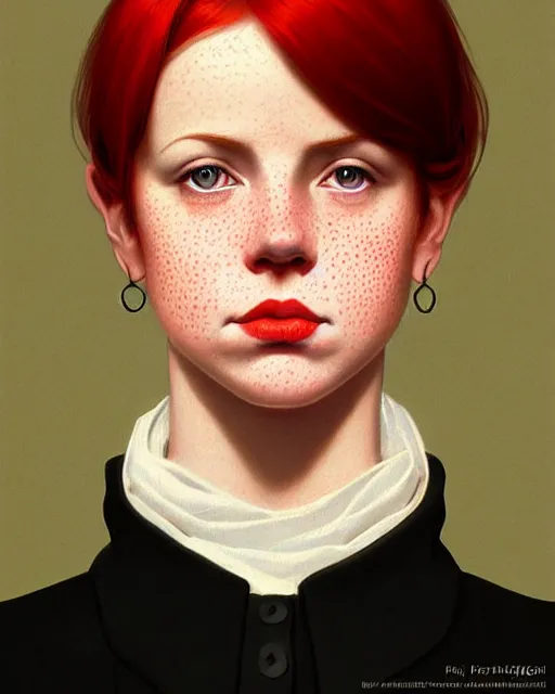 Prompt: a detailed portrait of a pretty!! female with red hair and freckles who is president of the united states, 1 8 7 2, by ilya kuvshinov, digital art, dramatic lighting, dramatic angle, 1 9 th century