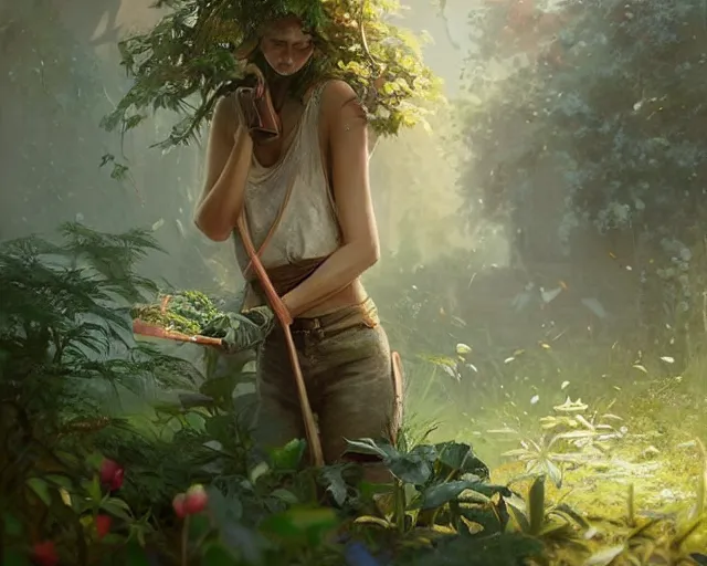 Image similar to a beautiful girl is taking care of the garden in a beautiful and varied vegetation dream garden with quality pruning shears, artstation greg rutkowski, cinematic, hyperrealist, beautiful face and features, the most beautiful girl digital art, light essential calm quality wlop projection render