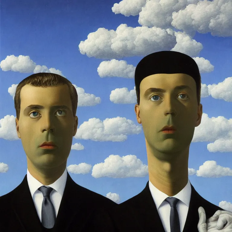 Image similar to portrait of a faceless detailed reflective chrome - head man in a suit and black gloves, clouds and nature landscape in the background, by rene magritte, very highly detailed painting, distance, centered, hd, hq, high resolution, high detail, beautiful, 4 k, 8 k