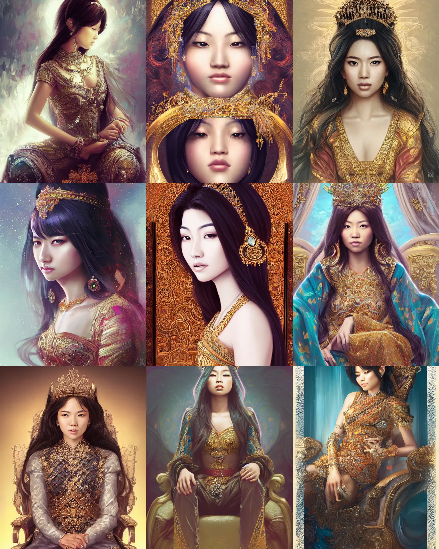 Prompt: portrait of a beautiful asian queen with medium length hair, sitting on her throne, digital art by ross tran, highly detailed, intricate, hyperrealism, dynamic lighting