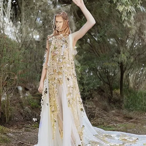 Image similar to a long wedding dress with a train made of flower petals made of light - colored fabric. transparent in places. in places, patterns of precious stones. intricate patterns of gold thin threads. fantasy. clear details