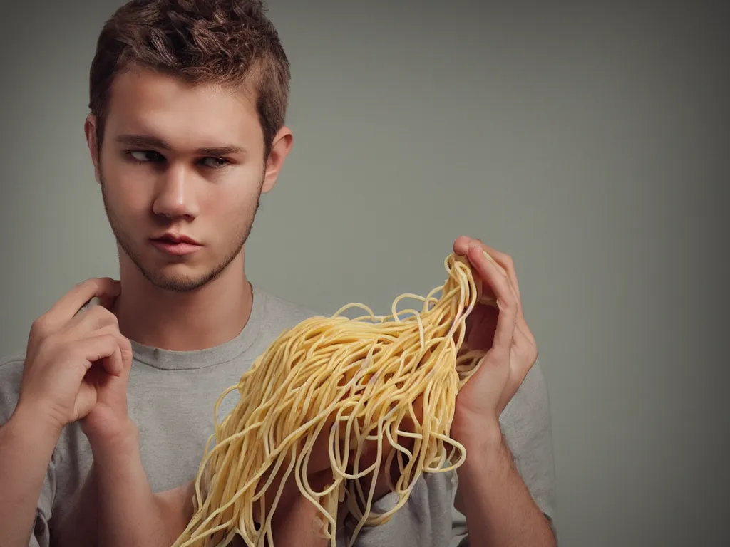 Prompt: analog photo of a young man with spaghetti on his ears, photorealistic, rim light, 4 k resolution, trending on artstation