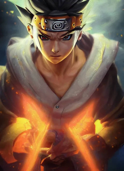 Image similar to ( ( ( hyperrealist cg an epic fantasy comic book style portrait painting of a naruto ) ) ) by daniel f. gerhartz and matt stewart, dramatic pose, fantasy, photorealistic, octane render, unreal engine, dynamic lighting, perfect factions, very detailed faces, trending on artstation, poster, volumetric lighting, 4 k, award winning