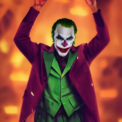 Image similar to Portrait of The joker as Kanye West, splash art, movie still, cinematic lighting, dramatic, octane render, long lens, shallow depth of field, bokeh, anamorphic lens flare, 8k, hyper detailed, 35mm film grain