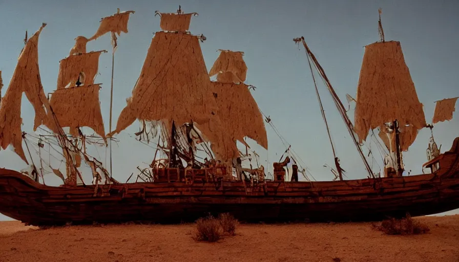 Image similar to movie still by alejandro jodorowsky of a pirate ship in the desert, cinestill 8 0 0 t eastmancolor technicolor, high quality, very detailed, heavy grain, fine facial features, 8 k, octane render