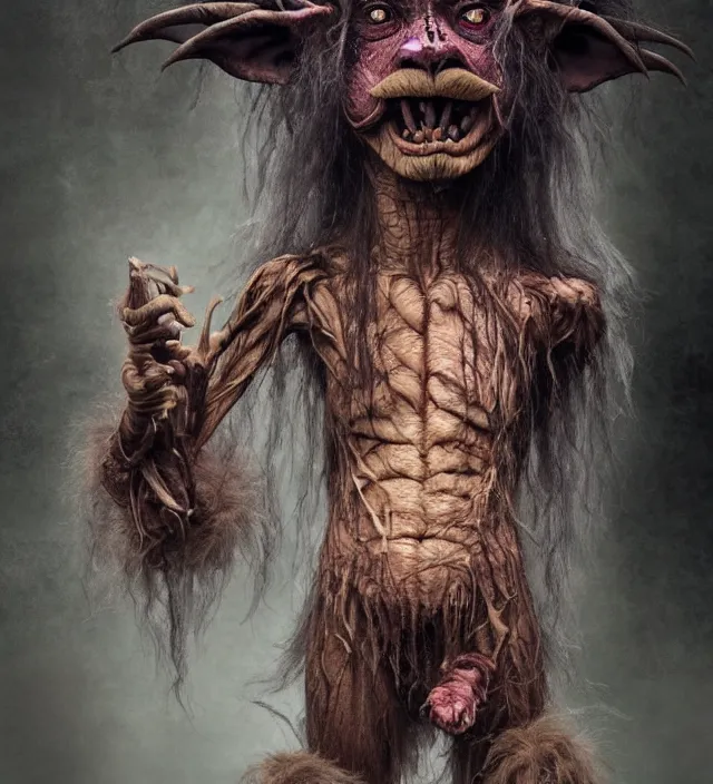 Image similar to hyper realistic photography of indonesian demon hairy fluffy muppet show horror nightmare elf goblin monster with long arms, ventriloquist, human anatomy, real teeth, full body, cinematic symmetric dark _ crystal, brian froud, alan lee, jean baptiste monge, scott radke