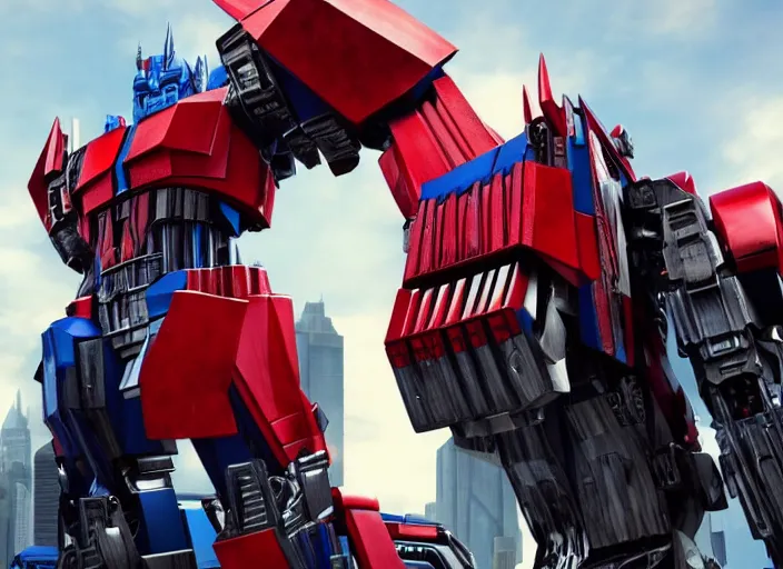 Image similar to optimus prime from transformers 7 : rise of the beasts [ destroying ] a decepticon, ultra realistic 4 k unreal engine very cinematic render with ray tracing bloom ambient occlusion strong reflections depth of field fog