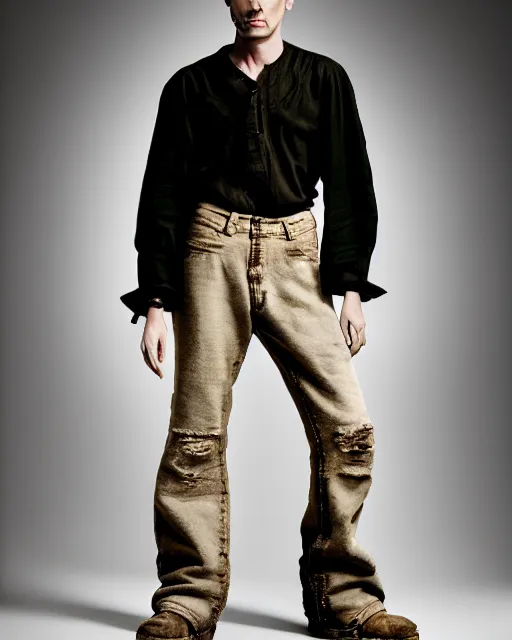 Image similar to an award - winning photo of an ancient male model wearing a plain boot cut flared distressed medieval designer menswear trousers designed by alexander mcqueen, 4 k, studio lighting, wide angle lens, 2 0 0 4