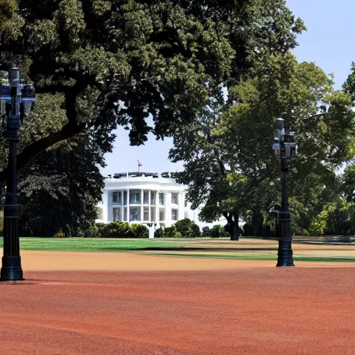 Image similar to cnn screen, the white house grounds completely full of gopher holes, the white house in the background, cinematic angle