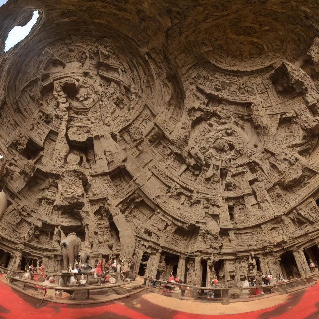 Image similar to elephanta at tea party, fulldome, 3 6 0 degree fisheye dome format, 4 k,