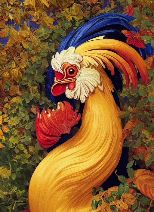 Prompt: masterpiece beautiful seductive flowing curves rooster portrait amongst leaves, extreme close up shot, thick set features, yellow ochre ornate medieval dress, laying amongst foliage mushroom forest circle arch, frederic leighton and kilian eng and rosetti, 4 k