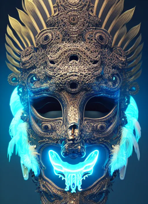 Prompt: 3 d face in venetian mask portrait, global illumiantion beautiful intricate highly detailed quetzalcoatl skull and feathers. bioluminescent, plasma, lava, ice, water, wind, creature, thunderstorm! artwork by tooth wu and wlop and beeple and greg rutkowski, 8 k trending on artstation,