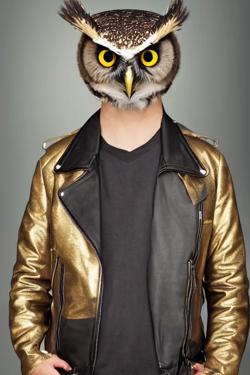 Image similar to front of owl wearing biker jacket, portrait photo, full body, backlit, studio photo, golden ratio