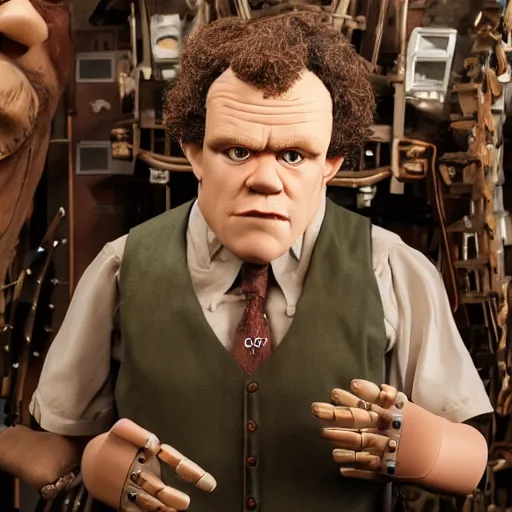 Image similar to animatronic John C. Reilly, exposed mechanics, photo, Stan Winston studios, detailed, 4k