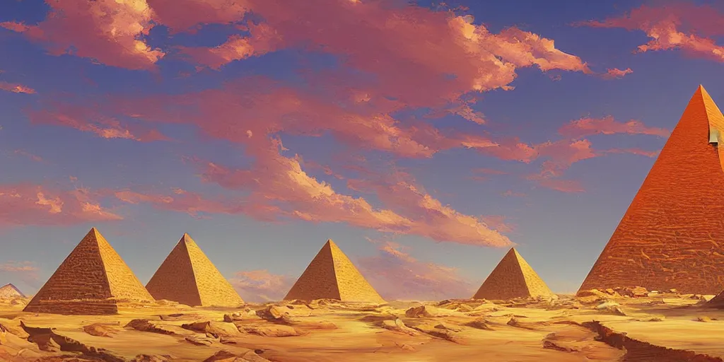 Image similar to a stunning desert landscape with a pyramid by makoto shinkai