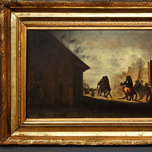 Image similar to medium-shot fencing in 17th century, oil painting, dark background, ominous,