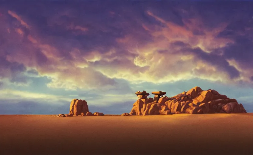 Prompt: an ancient symmetrical stone temple rising up out of the dunes of an alien planet in front of a beautiful sky with dramatic rolling clouds at golden hour, 70s scifi painting