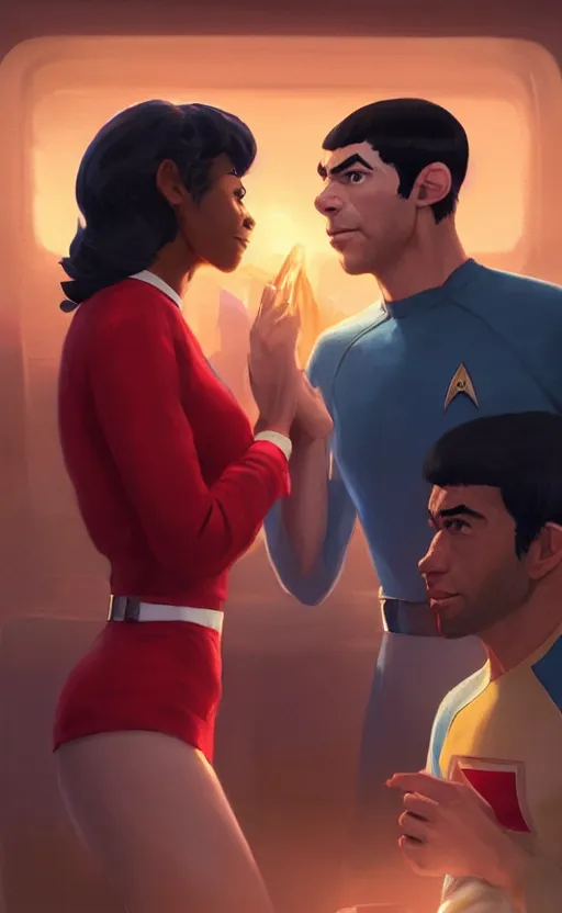 Image similar to Celia Rose Gooding as Uhura and Ethan Peck as Spock caught about to kiss, surprise, cute, innocent, soft lighting, standing in a starbase bar, In style of wojtek fus, by Makoto Shinkai, concept art, highly detailed