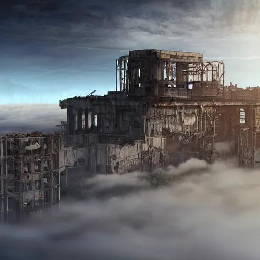 Image similar to ancient hi tech sci fi industrial superstructure standing above the clouds with an abandoned city on top, photograph, derelict, hyperrealism, megastructure