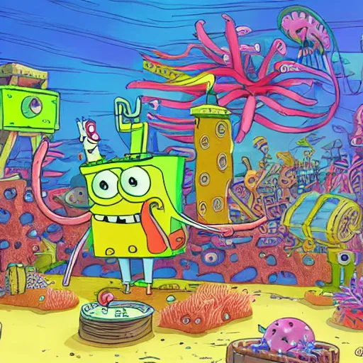 Image similar to bikini bottom drawn by stephen hillenburg, dynamic lighting, fantasy concept art, trending on art station, stunning visuals, creative, cinematic, ultra detailed