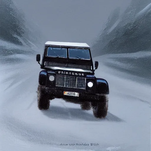 Image similar to a landrover crossing the alps while its snowing, digital art, artstation, photgraphy, highly detailed, digital painting, artstation, concept art, sharp focus, illustration, art by greg rutkowski and artgerm