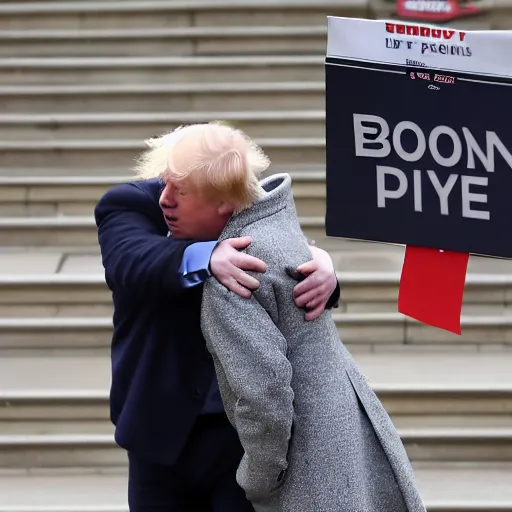 Image similar to a paparazzi photo of boris johnson kissing donald trump along the houses of parliament, london, the sun newspaper, detailed, canon eos, f / 1. 2, 2 0 0 mm lens, photograph