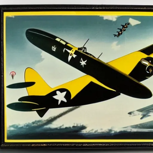 Image similar to yellow and black painted b 2 9 bomber dropping bombs, ww 2 propaganda poster, highly detailed, no text