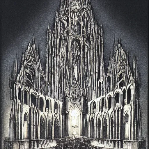 Prompt: monstrous and twisted cathedral with an altar that has a statue to many eyed and four armed cthulhu. in the style of hr giger and zdzisław beksinski escher gloom misty glow