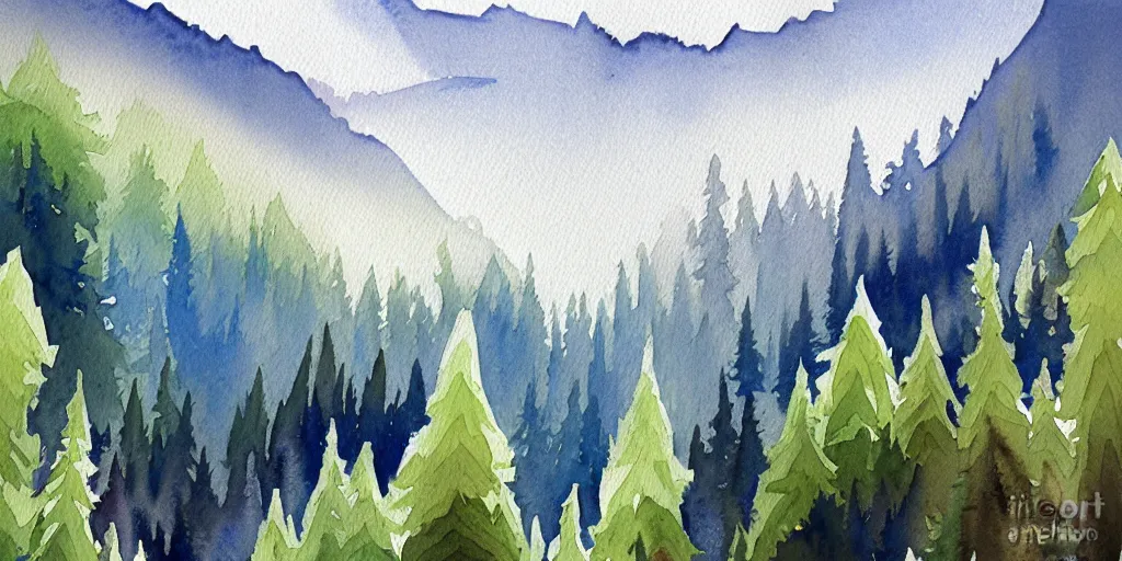 Prompt: watercolor montana mountains painting, white swirls, forest