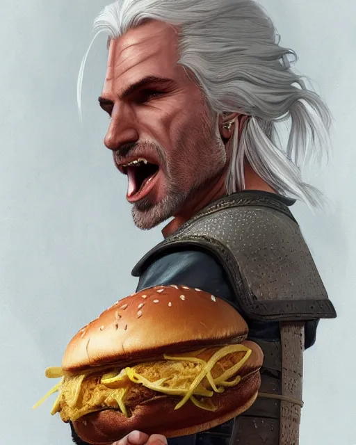 Image similar to portrait of geralt of rivia eating a big hamburger, fantasy, intricate, elegant, highly detailed, digital painting, artstation, concept art, smooth, sharp focus, illustration, by artgerm and greg rutkowski