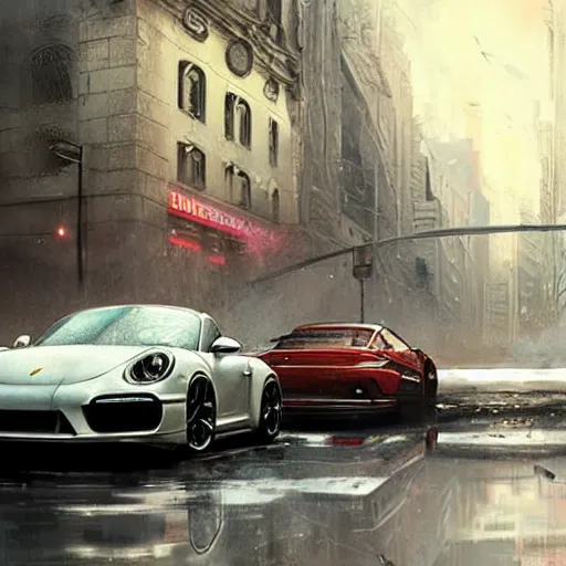 Image similar to porsche in city, chaos, digital art,ultra realistic,ultra detailed,art by greg rutkowski