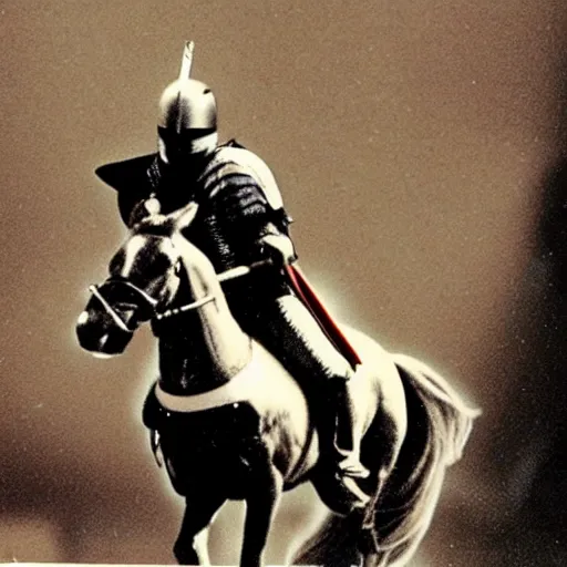 Prompt: a high - quality vhs video from 1 9 8 7 of a knight riding a horse