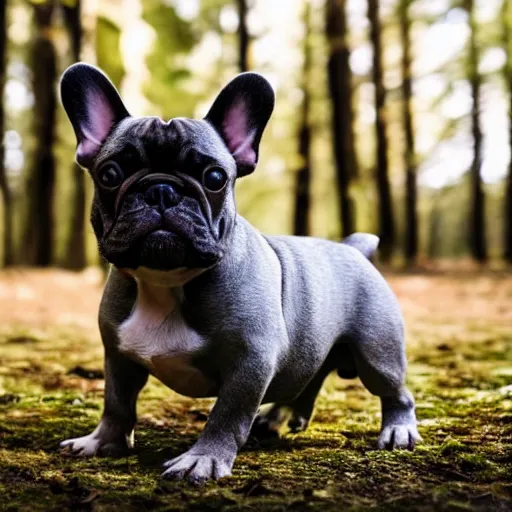 Image similar to french bulldog wearing round goggles sitting on a mushroom in a forest, hyper realistic, HD, HQ, photo realistic