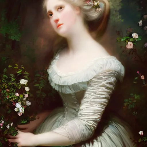 Image similar to Alice in Wonderland,a portrait of a beautiful Silver hair girl,Diamonds Blaze,Rose twining,luxuriant,dreamy, eternity, romantic,highly detailed,in the style of Franz Xaver Winterhalter, highly detailed,night lighting