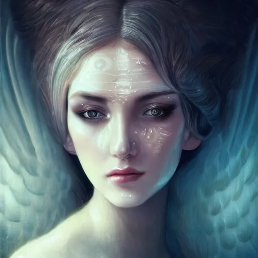 Image similar to head and shoulders portrait of an angelic creature, dark fantasy, mystic, abstract background, feminine beauty, elegant, intricate, face, medium shot, trending on artstation, volumetric light, by Fernanda Suarez and Karol Bak