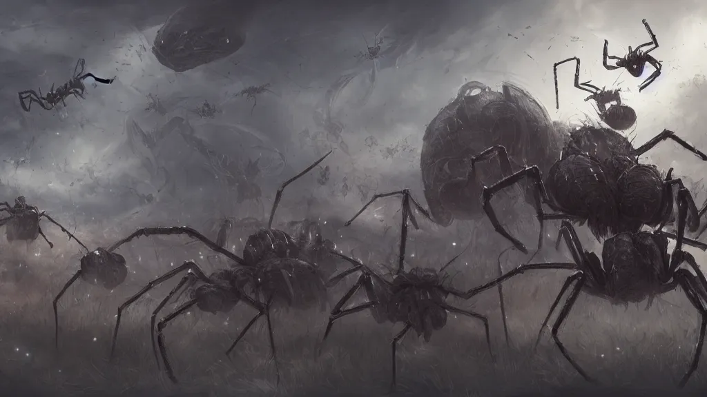 Image similar to my little ponies as giant spiders. andreas achenbach, artgerm, mikko lagerstedt, zack snyder 3 8 4 0 x 2 1 6 0