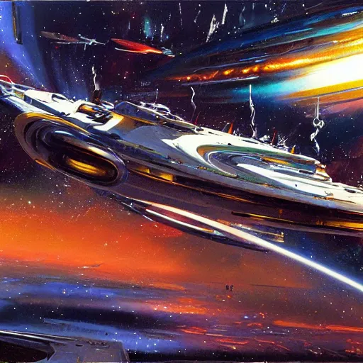 Prompt: scifi smooth spaceship entering lightspeed concept art oil painting by john berkey , loosely detailed, brush hard