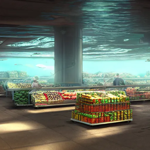 Image similar to grocery store aisle at the bottom of the ocean, cinematic movie scene, 60mm wide shot, precise architectural rendering, concept art, unreal engine, octane render, god rays