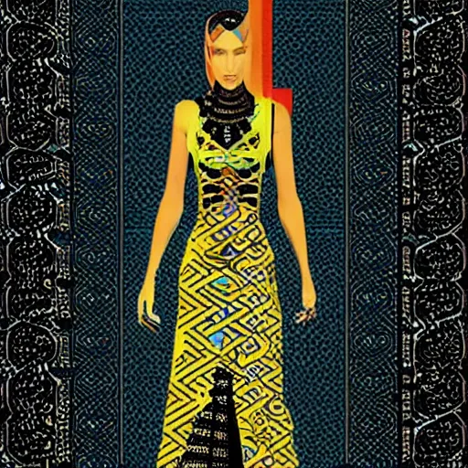 Image similar to arabic pattern, cyberpunk, fashion design, alien