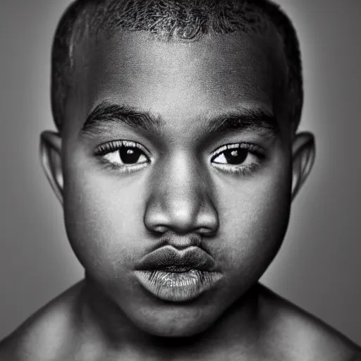 Image similar to the face of young kanye west at 1 2 years old, portrait by julia cameron, chiaroscuro lighting, shallow depth of field, 8 0 mm, f 1. 8